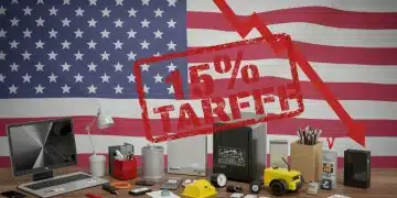 Illustration of a 15% tariff stamp on retail goods, symbolizing economic impact on US consumers in 2025.