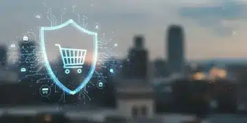 Futuristic AI shield protecting e-commerce transactions from fraud in 2025.