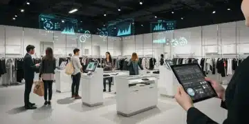 AI-powered predictive analytics dashboard in a modern retail store, showing sales projections and customer behavior insights.