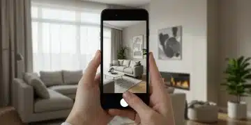 Woman using augmented reality app to visualize furniture in her home