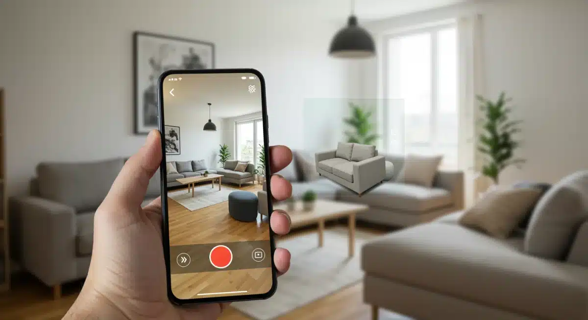 Customer using augmented reality on a smartphone to visualize virtual furniture in their home.