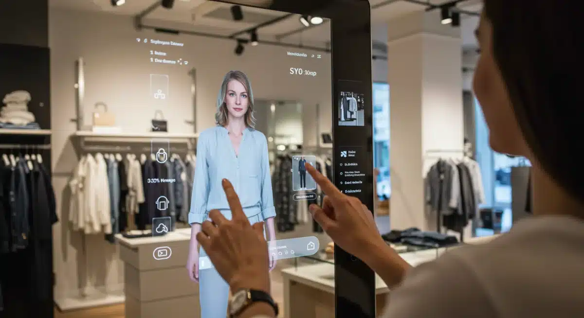Customer using augmented reality mirror for virtual try-on in a modern boutique