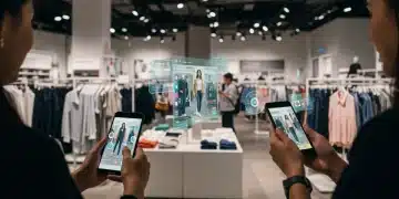 Customers using augmented reality in a modern retail store for virtual try-ons and interactive product displays.