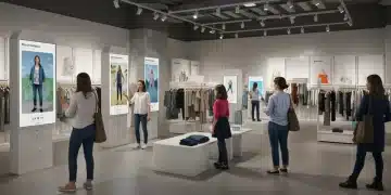 Customers using augmented reality in a modern retail store.