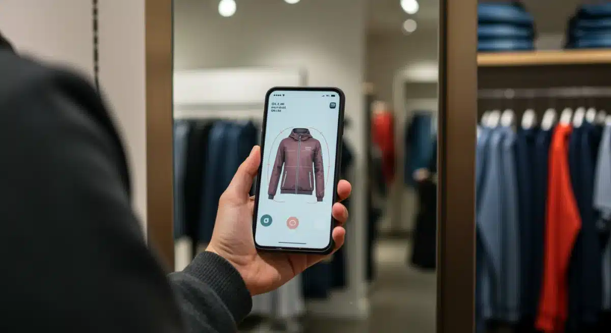 Shopper using AR virtual try-on in a clothing store.