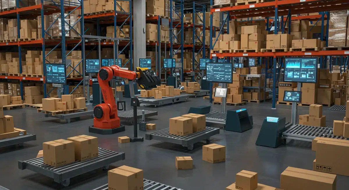 Automated warehouse with robots and real-time data for efficient e-commerce fulfillment.