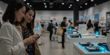 Customers engaging with beacon-powered personalized offers in a modern retail store