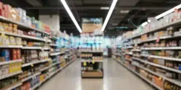 Blockchain network overlaying a retail store, symbolizing supply chain transparency