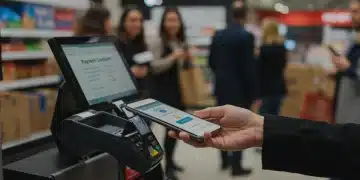 Customer using smartphone for contactless payment at a modern US retail store checkout