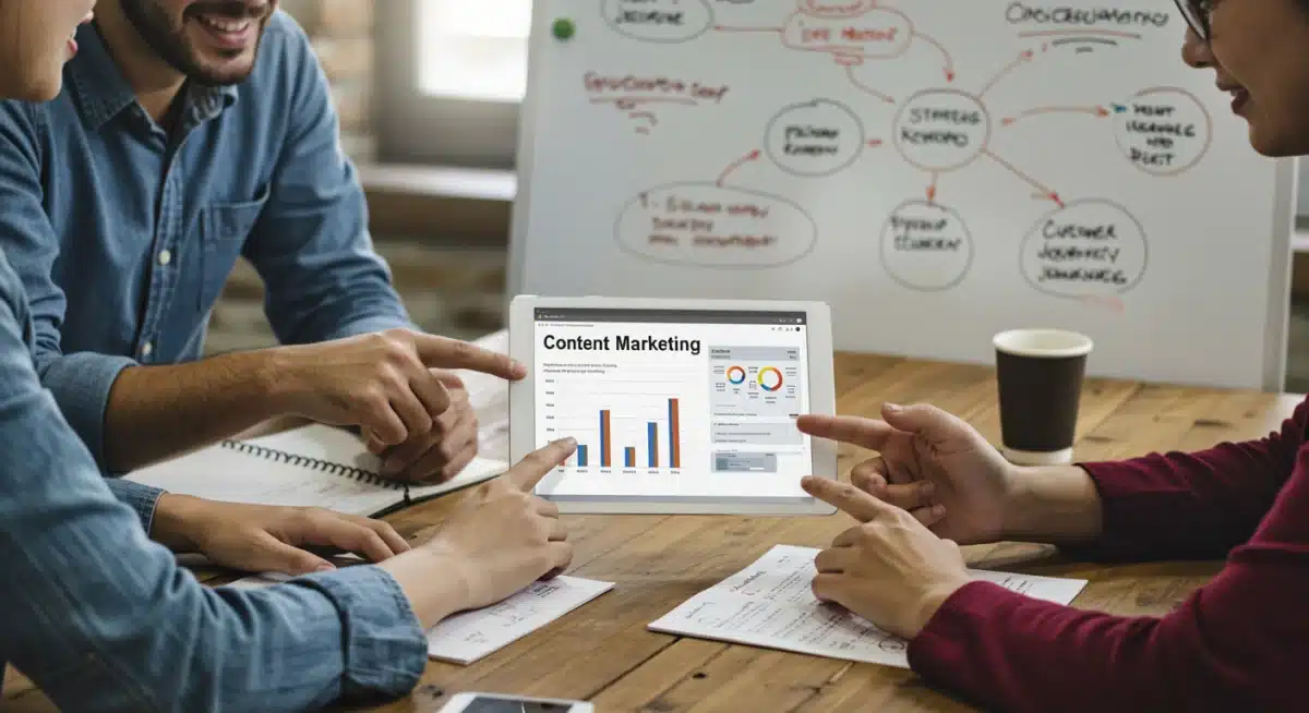 Marketing team analyzing content performance and customer journey analytics on a tablet.