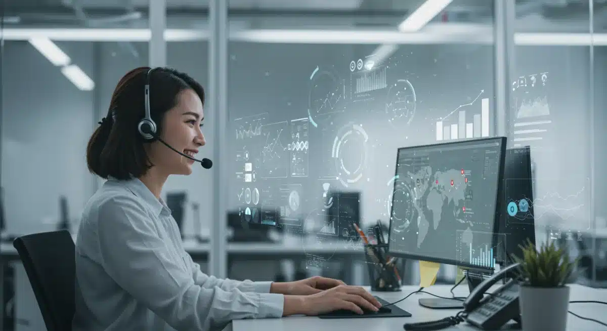 Smiling customer service agent using automated tools efficiently