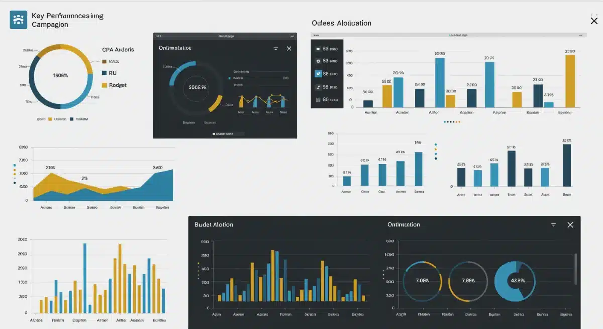 Digital advertising dashboard showing CPA, ROI, and conversion metrics.