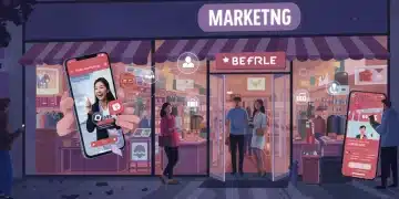 Futuristic retail store with digital marketing overlays driving customer foot traffic