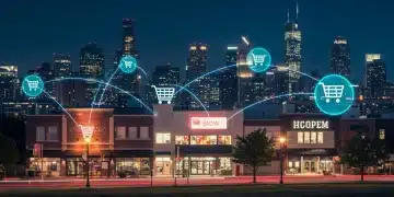 Digital transformation's impact on retail, showcasing interconnected physical stores and e-commerce platforms.