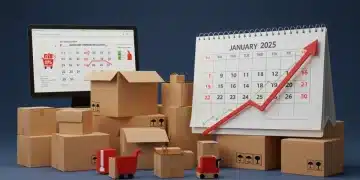 E-commerce boxes, calendar January 2025, and growth chart symbolizing post-holiday return opportunity