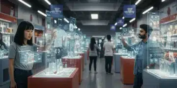 Futuristic e-commerce landscape with augmented reality shopping and AI integration