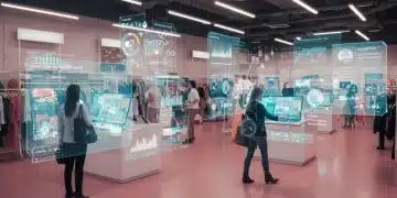 Futuristic retail store with data analytics and digital ad displays optimizing spend for 2025.