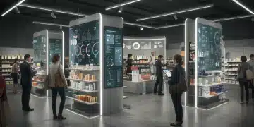 Futuristic retail store with data visualizations and smart technology
