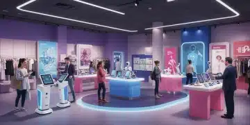 Futuristic retail store with AI robots and AR mirrors enhancing customer experience