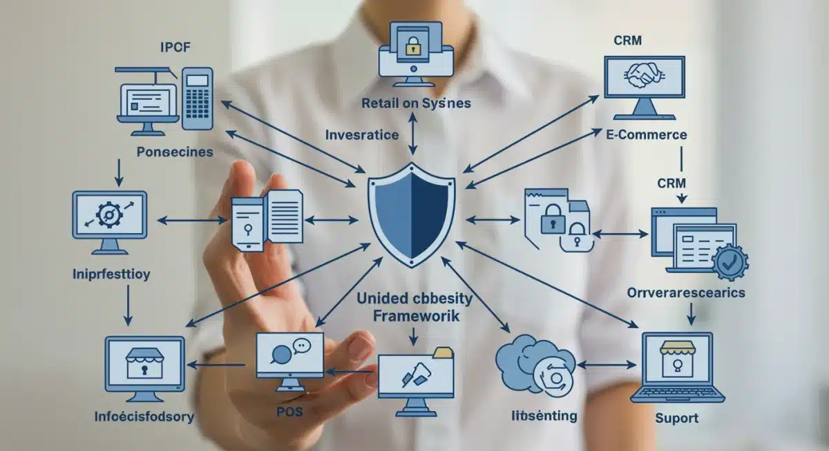 Diagram of interconnected retail systems protected by a central cybersecurity shield.