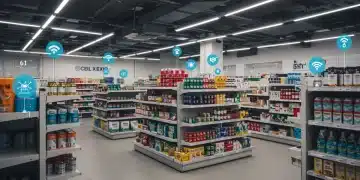 IoT in US Retail: Inventory Optimization for 20% Stockout Reduction IoT sensors and data dashboard optimizing retail inventory in a modern US store.