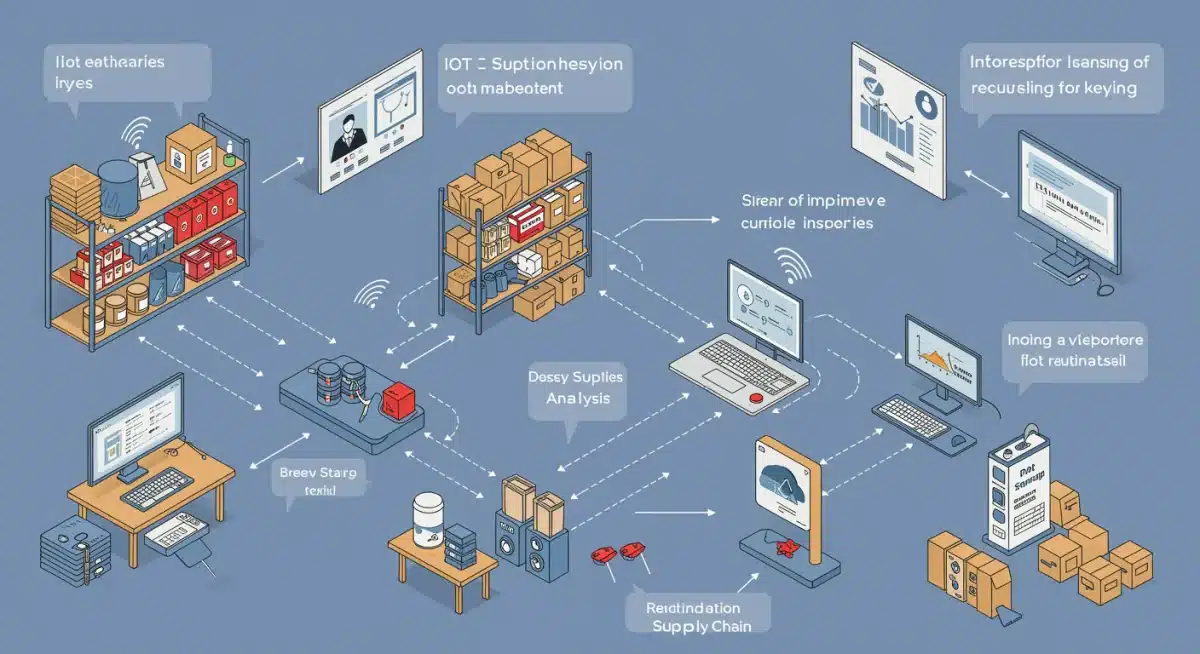 Infographic showing IoT implementation across a retail supply chain for inventory optimization.
