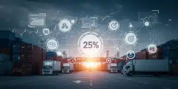 Complex logistics network with inventory data dashboards and 25% cost reduction icon