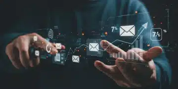 Futuristic interface showing personalized email marketing strategies boosting open rates by 7% in 2025.