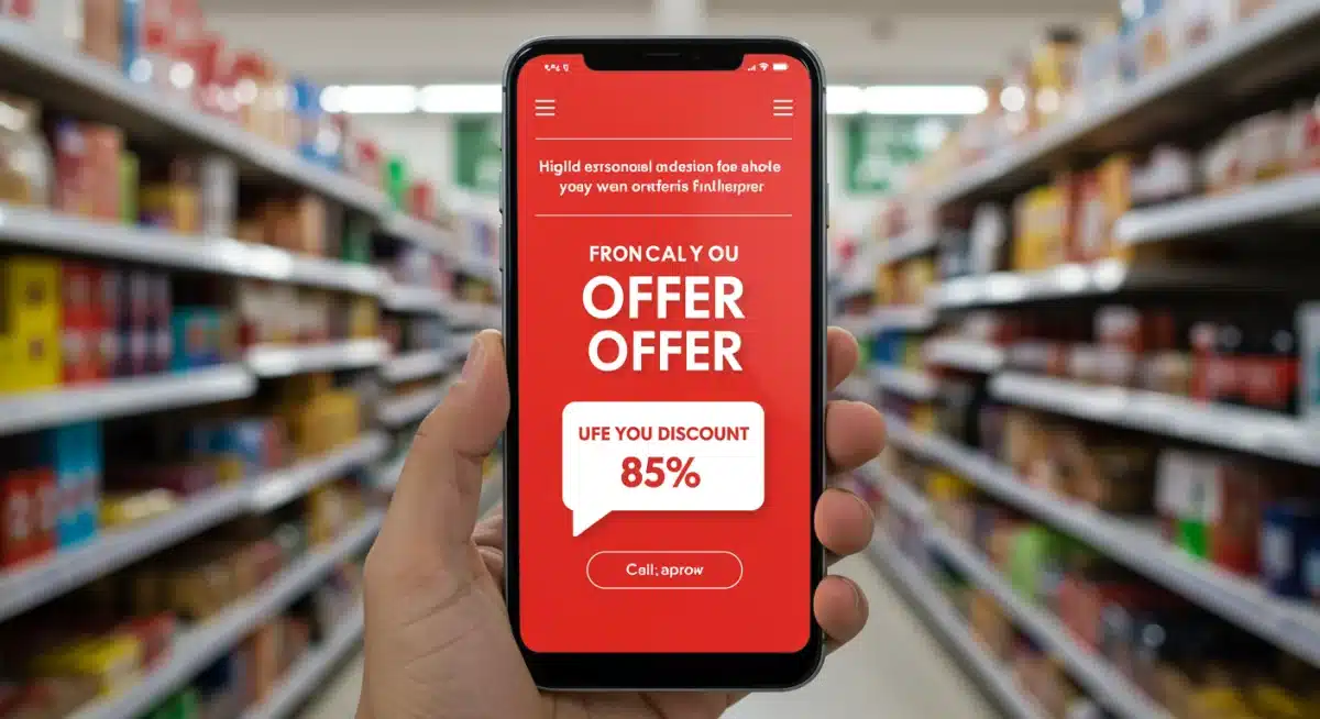 Personalized retail offer displayed on a smartphone in a store, demonstrating targeted mobile marketing.