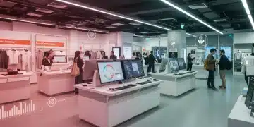 Futuristic retail store with digital displays and data overlays, symbolizing content marketing for lead generation.