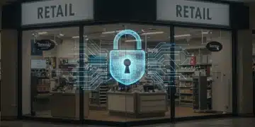 Digital padlock over a retail store, symbolizing strong cybersecurity defenses for retail technology.