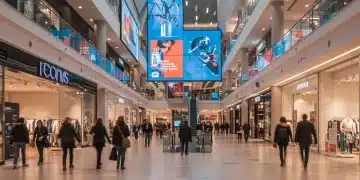Modern shopping mall bustling with diverse shoppers and digital displays, symbolizing retail economic growth.