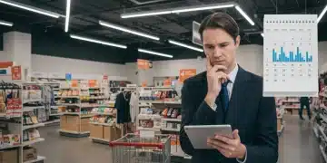 Retail manager examining rising utility costs on a tablet, symbolizing the financial impact of energy price fluctuations on their business in 2025.