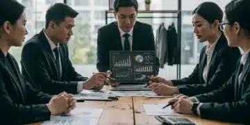 Retailers discussing financial reports during economic downturn