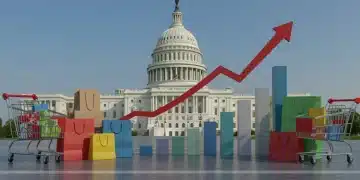 Graph illustrating rising interest rates affecting retail consumer spending with a backdrop of the US Capitol.