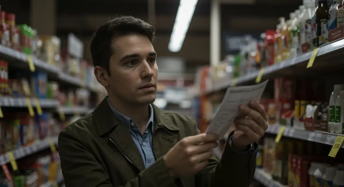 Concerned shopper examining prices in a retail store during economic uncertainty