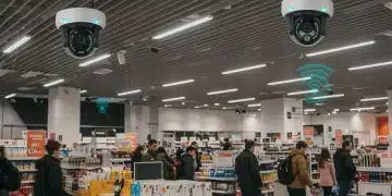 Advanced smart surveillance cameras in a modern retail setting, monitoring customer activity for shrinkage prevention.