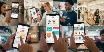 Consumers engaging with retail apps on smartphones in a modern US shopping environment, showcasing mobile marketing's impact.