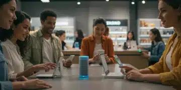 Customers using voice assistants for shopping in a modern retail environment, demonstrating voice commerce integration.