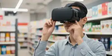 Customer immersed in a virtual reality shopping experience in a retail store.