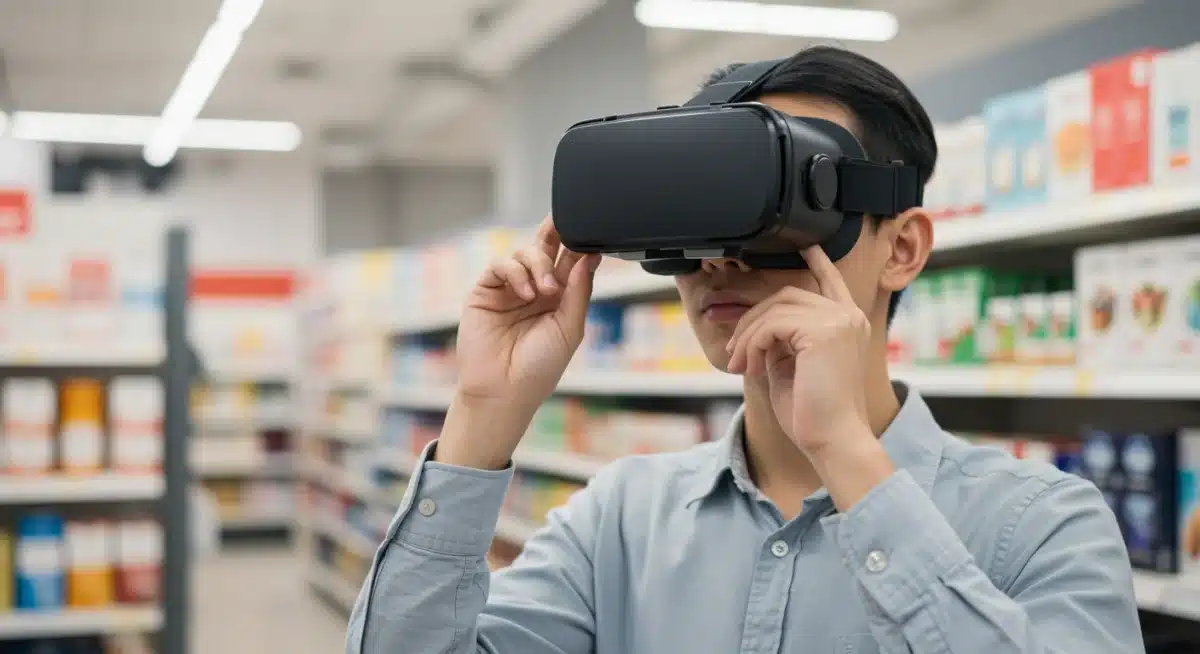 Customer immersed in a virtual reality shopping experience in a retail store.