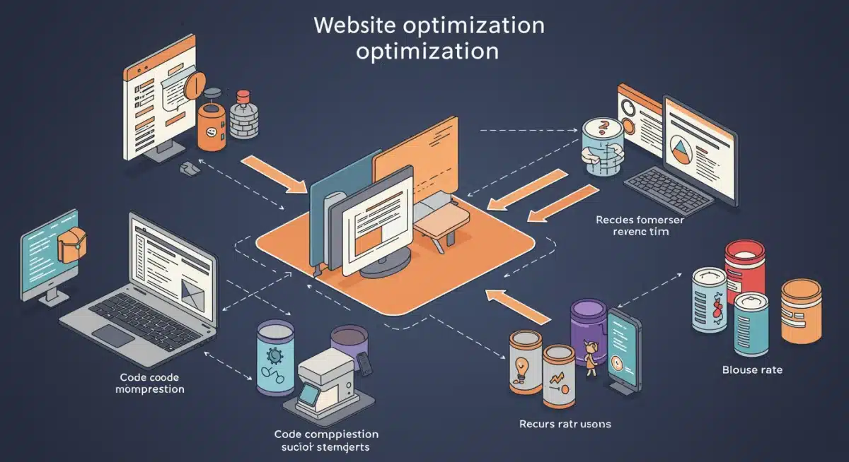 Infographic showing website optimization techniques like code minification, image compression, and CDN for improved performance.